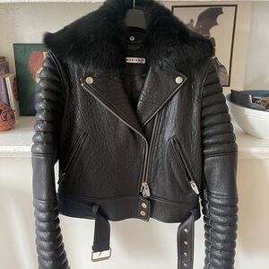 Arrivals Black Leather Biker Jacket with Fur Collar size small
